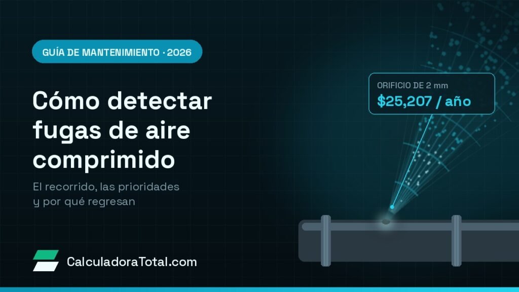 Chorro de aire escapando por un orificio de 2 mm en una tubería de aire comprimido, con la etiqueta del costo anual de esa fuga