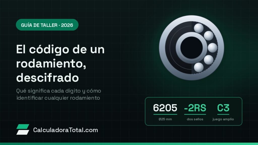 Rodamiento rígido de bolas con la mitad sellada y la mitad abierta mostrando las bolas, junto al código 6205-2RS C3 desglosado en diámetro, sellos y juego interno